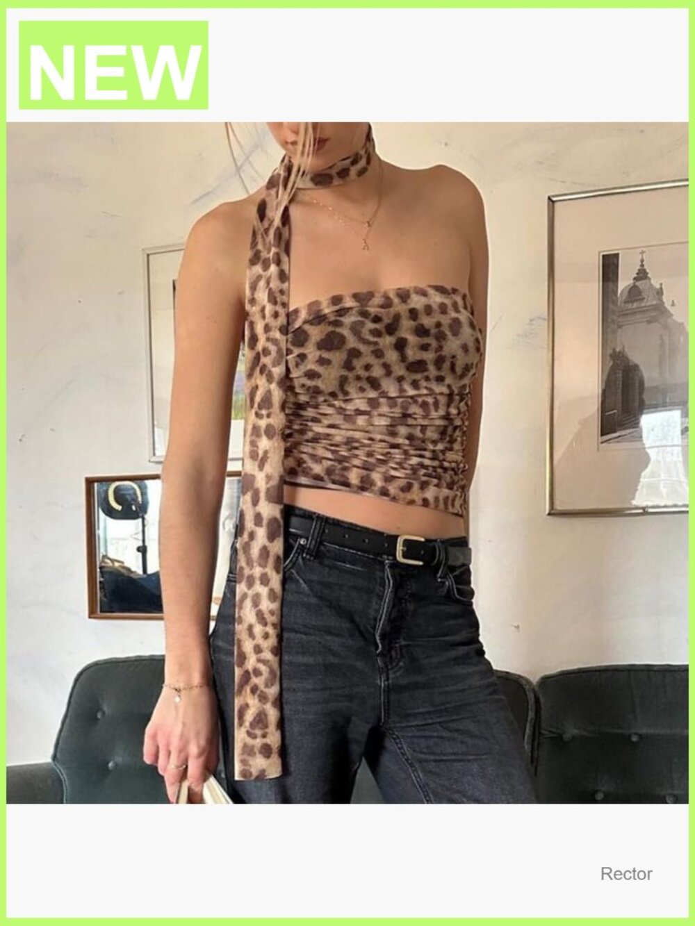 Leopard Print Tube Top Ruched Strapless Mesh Halter Crop Top Party - Picture 2 of 7